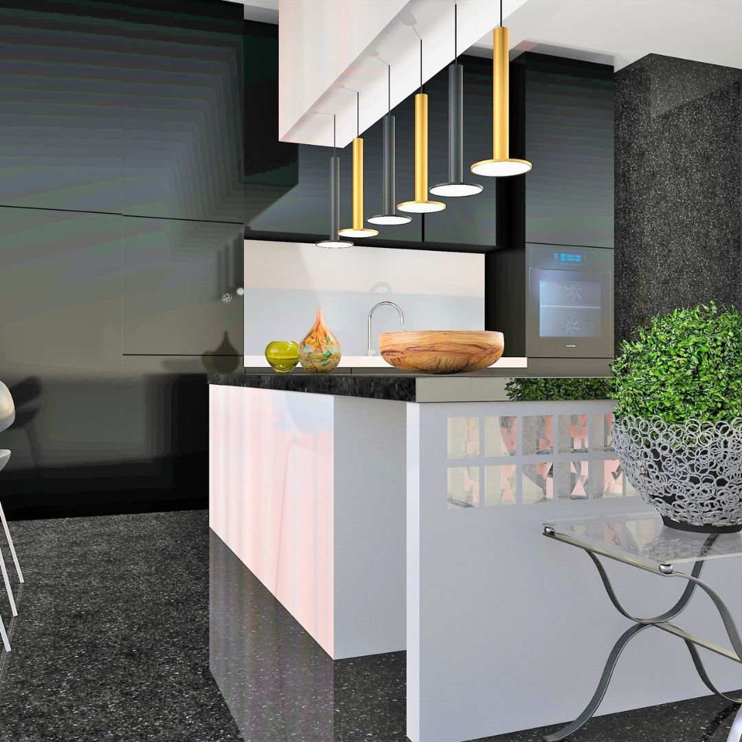 A kitchen with a black and white countertop.